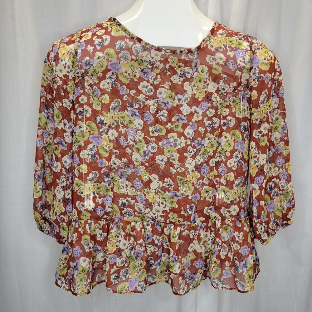 Soprano Floral Sheer Top with 3/4 Sleeves and Peplum, S